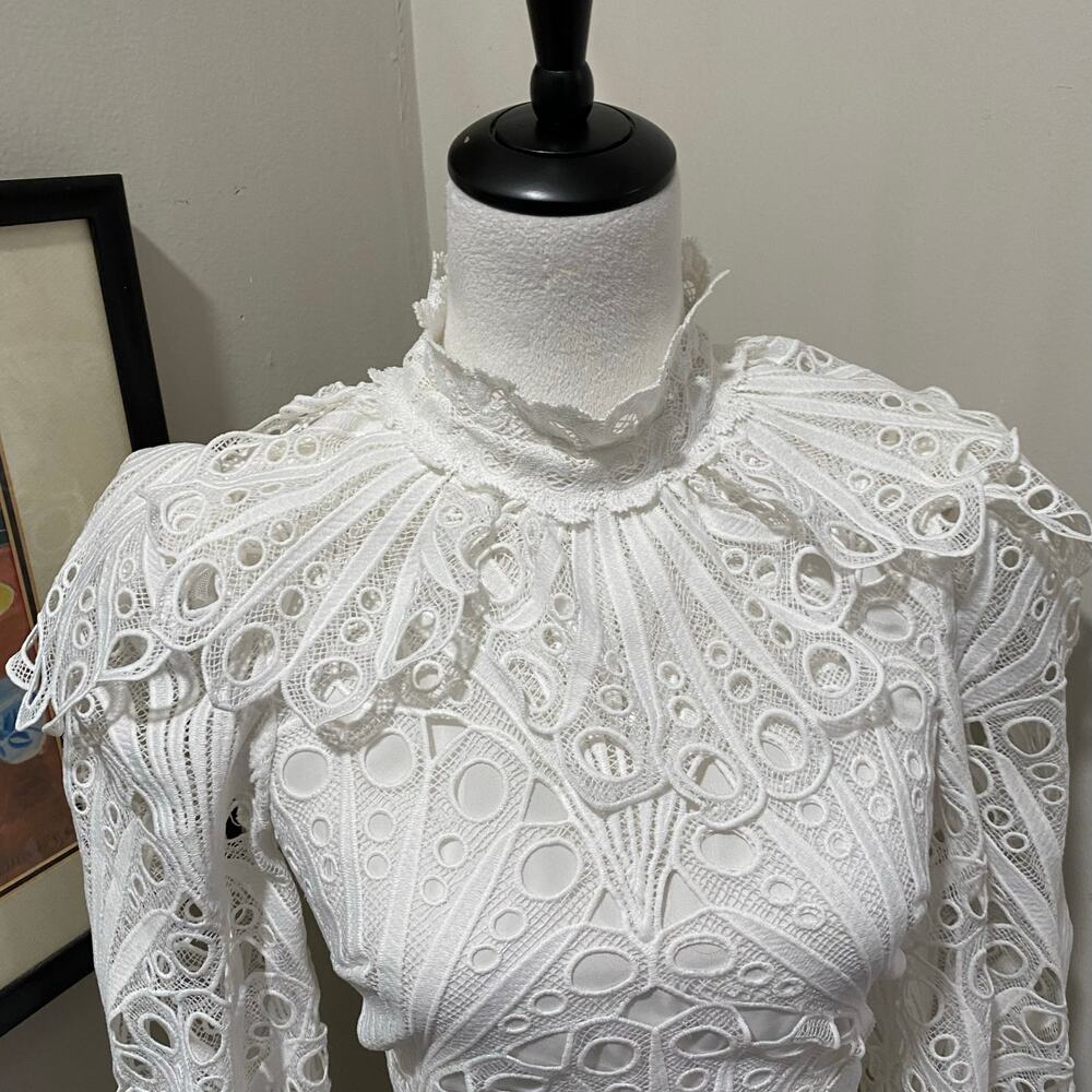 ASOS LUXE Backless Eyelet Ruffle Neck Top Sizes 0 White Lace Long Sleeve - Picture 7 of 13